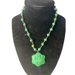 Beaded Green Carved Rose Stone Necklace Marked Sterling Vintage